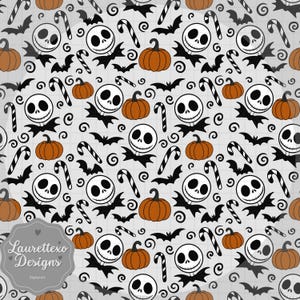 Peut inclure: Un motif sur le thème d'Halloween avec des visages de Jack Skellington, des citrouilles oranges, des chauves-souris noires et des cannes en bonbon sur fond gris clair. Le motif comprend des volutes et le texte "Laurettexo Designs".