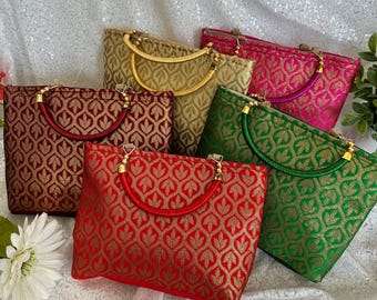 Brocade Potli Bag with Handle: Indian Wedding Favor, Diwali Gift Pouch Purse