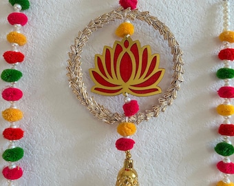 Wooden Ring Shubh Labh Lotus Indian Door Wall Hanging Toran - Diwali Pooja Decor