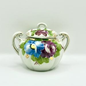 Vintage Hand Painted Lidded Jar – Made in Japan – Floral Porcelain with Gold Trim – 1920s-1930s Decorative Container