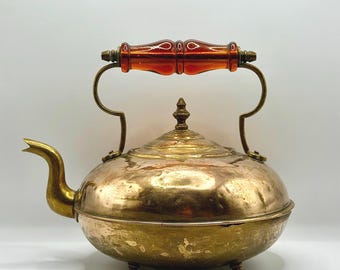 Antique JCB James Clews Brass Toddy Kettle, Amber Handle, Footed Copper Tea Kettle, English Brass Teapot