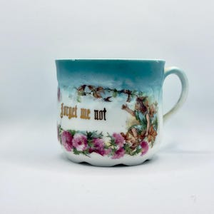 Antique German Forget Me Not Mug – Pink Florals, Gilded Gothic Script, Made in Germany, Early 1900s Keepsake Cup, Sentimental Gift