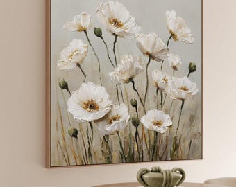 White Poppies Art Print | Abstract Flowers Painting | Acrylic Painting | Stretched Canvas Wall Decor | Printed Mailed Art | Square