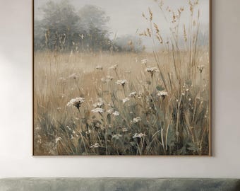 Neutral Landscape Art Print | Grass Field Painting | Oil Painting | Stretched Framed Canvas Wall Decor | Printed Mailed Art | Square
