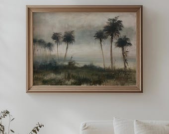 ヤシの木が茂る海岸風景のアートプリント | トロピカルビーチハウスの油絵 | ヘリテージ | ストレッチキャンバス