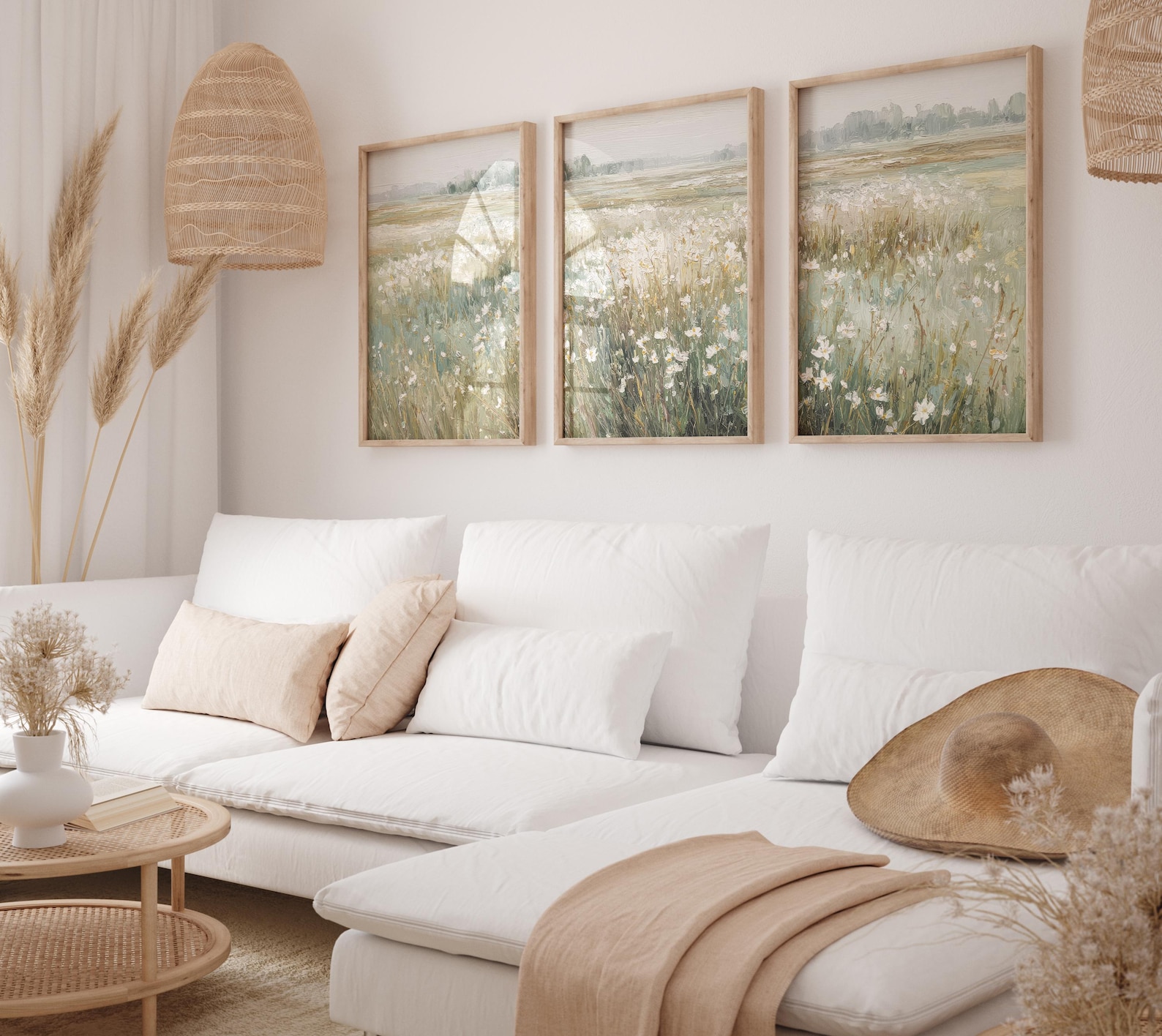 Neutral Landscape Art Print Set of 3 | Wildflowers Field Painting ...