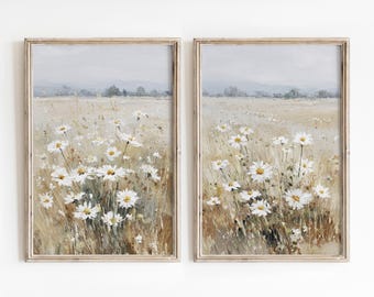 Neutral Landscape Art Print Set of 2 | Wildflowers Field Painting ...
