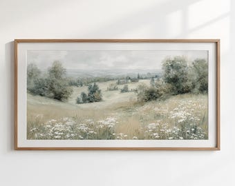 Dipinto vintage ad olio "Campo di fiori selvatici bianchi" / Paesaggio panoramico su tela tesa, decorazione da parete.