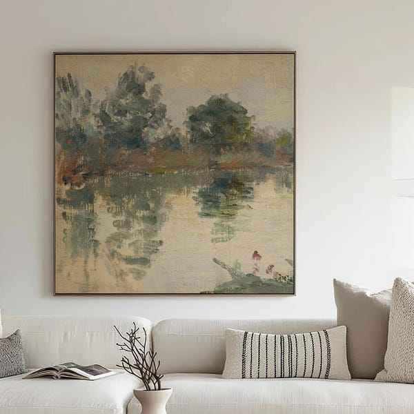 Neutral Lake Landscape Art Print | Pond Painting | Acrylic Painting | Stretched Canvas Wall Decor | Printed Mailed Art | Square