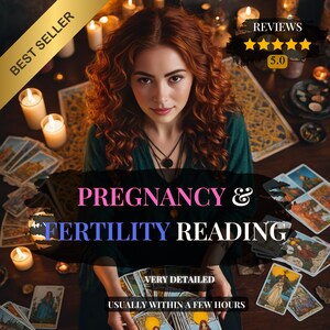 以下が含まれることがあります： 赤い巻き毛の女性がタロットカードを持っており、「PREGNANCY & FERTILITY READING」というテキストが重ねられています。画像には、ろうそく、カード、および「BEST SELLER」と「REVIEWS 5.0」のテキストが含まれています。