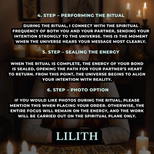 Puede incluir: Imagen con texto que detalla los pasos de un ritual, incluyendo la conexi&oacute;n con la frecuencia espiritual, el sellado de la energ&iacute;a y una opci&oacute;n de foto. El texto est&aacute; sobre un fondo con velas y el nombre "LILITH" en la parte inferior.