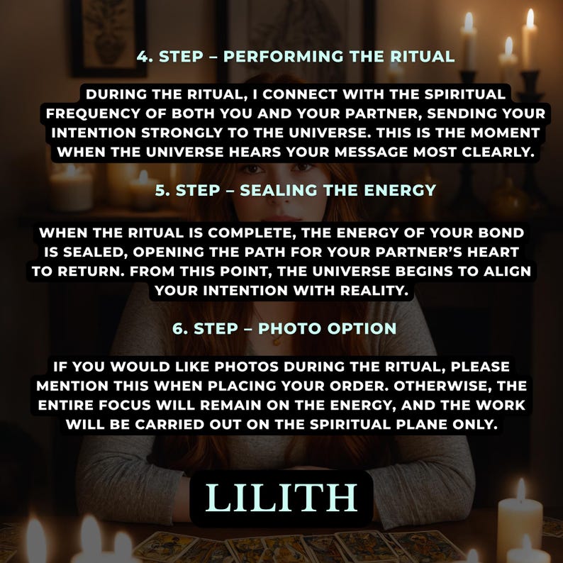 Puede incluir: Imagen con texto que detalla los pasos de un ritual, incluyendo la conexi&oacute;n con la frecuencia espiritual, el sellado de la energ&iacute;a y una opci&oacute;n de foto. El texto est&aacute; sobre un fondo con velas y el nombre "LILITH" en la parte inferior.