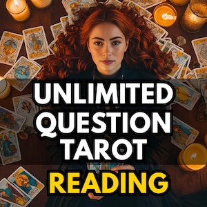 May include: A woman with red hair lies amidst tarot cards and candles. The image features the text "UNLIMITED QUESTION TAROT READING" in white and yellow. The cards are arranged on a dark wooden surface.