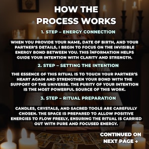 Puede incluir: Imagen que detalla el proceso de un ritual, con texto que explica cada paso: conexi&oacute;n energ&eacute;tica, establecer la intenci&oacute;n y preparaci&oacute;n del ritual. La imagen incluye velas, cristales y el texto "Continuaci&oacute;n en la p&aacute;gina siguiente."