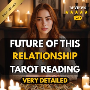 May include: A woman with long auburn hair is centered in the image, with text that reads "FUTURE OF THIS RELATIONSHIP TAROT READING VERY DETAILED." The image includes lit candles and a deck of tarot cards.