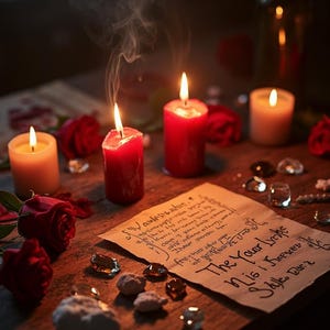 Puede incluir: Una escena m&iacute;stica con velas encendidas, rosas rojas y un pergamino manuscrito sobre una superficie de madera. Las velas, en tonos rojos y naranjas, emiten un brillo c&aacute;lido. Cristales decorativos y una botella completan el ambiente. El texto en el pergamino es visible.