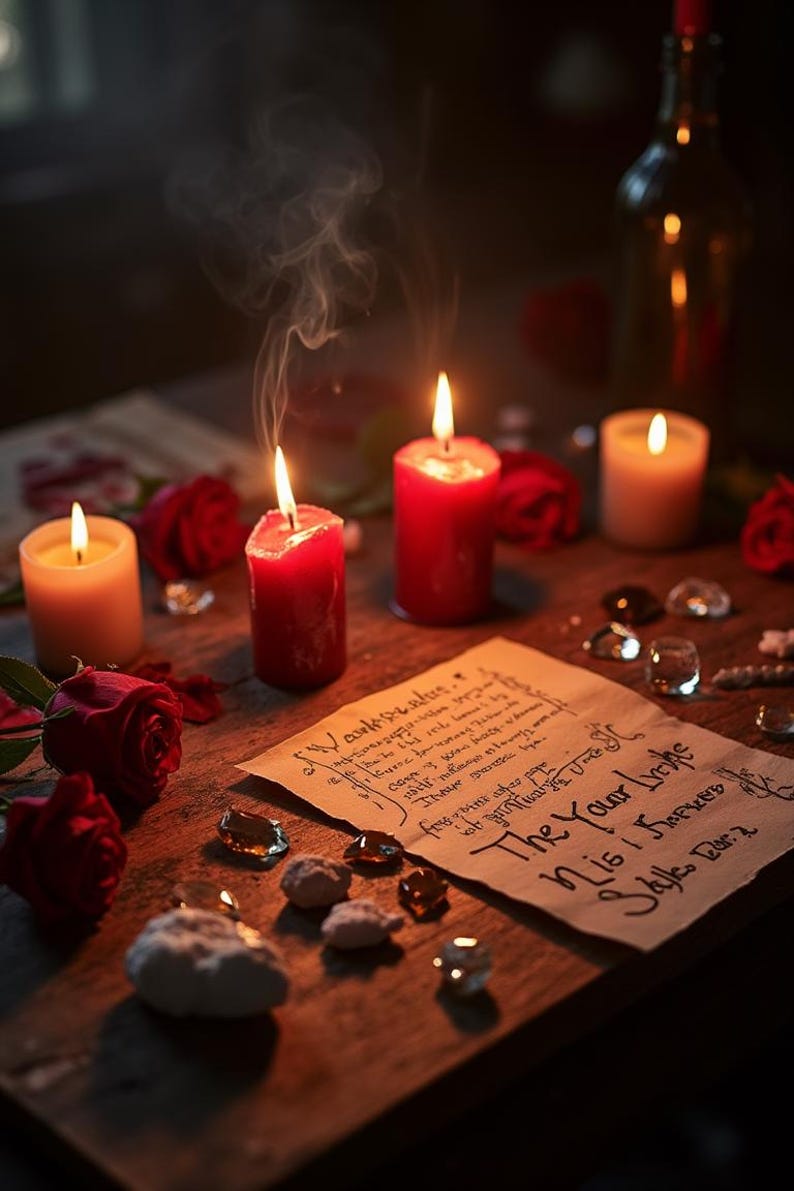 Puede incluir: Una escena m&iacute;stica con velas encendidas, rosas rojas y un pergamino manuscrito sobre una superficie de madera. Las velas, en tonos rojos y naranjas, emiten un brillo c&aacute;lido. Cristales decorativos y una botella completan el ambiente. El texto en el pergamino es visible.