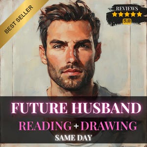 Può includere: Ritratto di pittura a olio di un uomo con capelli scuri e barba. L'immagine include il testo "FUTURE HUSBAND READING + DRAWING SAME DAY" in lettere rosa e bianche. Uno striscione dorato recita "BEST SELLER".