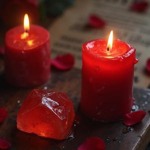 Puede incluir: Dos velas rojas encendidas con cera derretida y un objeto rojo en forma de cristal sobre una superficie de madera. P&eacute;talos de rosa rojos esparcidos contribuyen al ambiente rom&aacute;ntico.