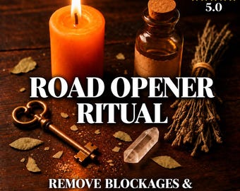 Pode incluir: Uma vela laranja acesa, um pequeno frasco de vidro com rolha de cortiça, uma chave de metal, um cristal de quartzo transparente e um feixe de ervas secas. O texto diz ROAD OPENER RITUAL e REMOVE BLOCKAGES & OBSTACLES com 5.0 estrelas.