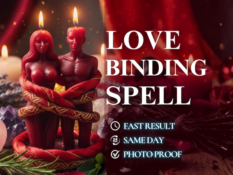 Puede incluir: Velas rojas con forma de hombre y mujer entrelazadas con una cinta roja y dorada. El texto "LOVE BINDING SPELL" se muestra en blanco. El texto adicional incluye "FAST RESULT", "SAME DAY" y "PHOTO PROOF".