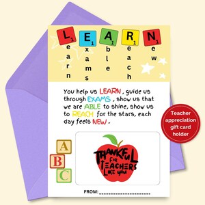Porte-carte cadeau remerciement pour enseignant, rentrée des classes à imprimer, cadeau enseignant à imprimer, gramme pour enseignant