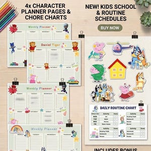 Puede incluir: Un paquete de tablas de actividades y rutinas para niños, que incluye planificadores semanales y tablas de rutinas diarias. La imagen presenta pegatinas de personajes y el texto "COMPRAR AHORA". Los planificadores tienen espacios para cada día de la semana.
