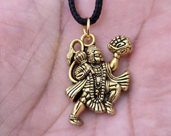 Hanuman Ji Pendant Stainless Steel Bajrang Bali Nazar Protection Q33H UK Small Gold or Silver colour Black Dori