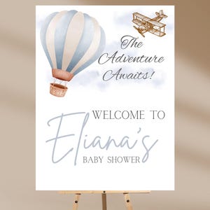 The Adventure Awaits Welcome Sign – Hot Air Balloon & Airplane Baby Shower Decor, Travel Theme Baby Shower Sign, Gender Neutral Baby Shower