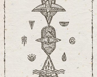 May include: A detailed pen and ink illustration featuring geometric and symbolic shapes. The artwork includes a central design with a bird-like figure, an eye, and a triangle with water lines. Additional elements include a crescent moon, a teardrop, and other abstract shapes.