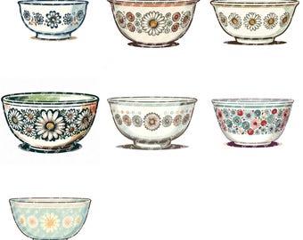 Daisy Bowl Clipart: Vintage Kitchen PNG Set (Digital Download)