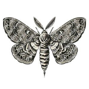 Op de afbeelding: Zwart-wit illustratie van een nachtvlinder met ingewikkelde patronen op de vleugels en het lichaam. De vleugels van de mot zijn gedetailleerd met wervelende ontwerpen en het lichaam heeft een gestreept patroon. De mot staat op een witte achtergrond.