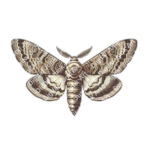 Op de afbeelding: Gedetailleerde illustratie van een mot met ingewikkelde vleugelpatronen in tinten bruin, beige en grijs. Het lichaam van de mot is gesegmenteerd en de vleugels zijn wijd gespreid, met een gedetailleerd ontwerp. De afbeelding staat tegen een witte achtergrond.