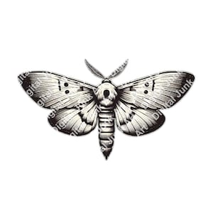 May include: Black and white illustration of a moth with detailed wing patterns and a segmented body. The moth has a symmetrical design with visible antennae and a textured appearance, suitable for art prints or design projects.