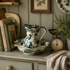 Juego de jarra y cuenco de loza vintage Mason’s color chartreuse, fabricado en Inglaterra, con estampado floral verde y detalles dorados, ideal para la decoración del hogar campestre inglés.