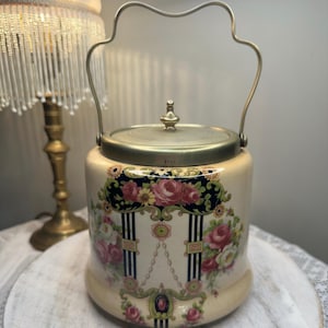 Antique Bristolia Biscuit Barrel with ESPN Stamped Lid – Early 1900s English Ceramic Cookie Jar, Vintage Kitchenware