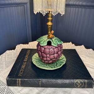 Puede incluir: Un tarro de cerámica con forma de frambuesa, tapa de hojas verdes y platillo a juego. El tarro presenta un cuerpo de baya morada texturizada y un pequeño tallo marrón en la parte superior. Descansa sobre un libro azul oscuro titulado Pictorial Knowledge.