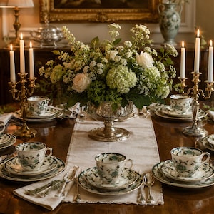 Puede incluir: Un arreglo de mesa de comedor formal con un cuenco de plata sobre pedestal lleno de rosas blancas y hortensias verdes, rodeado de seis tazas de té y platillos con motivos florales verdes, cubiertos de plata, servilletas de lino y dos candelabros.