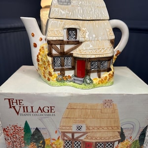 Théière Autumn Cottage par Annie Rowe - Théière Cottage en céramique vintage Village Collectables - Décoration d'intérieur champêtre anglais