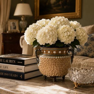 May include: A decorative ceramic pot with a textured gold-toned body, dark blue rim, and two handles, filled with white hydrangea flowers. The pot sits next to a stack of three books titled Ralph Lauren, Chateau Life, and Vanity Fair 100 Years.