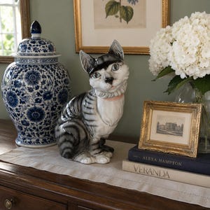 Vintage Algora Spain Ceramic Cat Figurine Hand Painted Grey Tabby Cat Ornament Large Porcelain Kitty Sculpture Home Decor