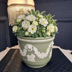 Puede incluir: Una maceta de cerámica verde salvia llena de flores blancas y follaje verde. La maceta presenta detalles en relieve blancos de figuras y guirnaldas clásicas. Las flores están en plena floración, creando una exhibición decorativa.