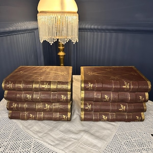 May include: Two stacks of four brown books with gold-coloured accents on the spines and covers. Each stack features raised bands on the spine and decorative gold-coloured detailing. The books are arranged in two separate piles of four volumes each.