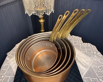Vintage French Copper Saucepan Set with Brass Handles | 5-Piece Copper Cookware | Rustic Kitchen Decor | Chef Gift