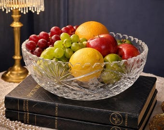 Vintage Cut Crystal Bowl | Scalloped Glass Fruit Bowl Starburst Base | Etched Grape Design | Elegant Crystal Centerpiece | Wedding  Decor