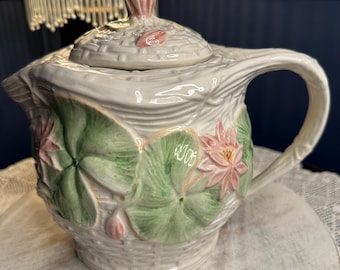 Vintage Ceramic Water Lily Teapot Large Floral Lotus Teapot Decorative Pottery Basket Weave Teapot Cottage Kitchen Decor