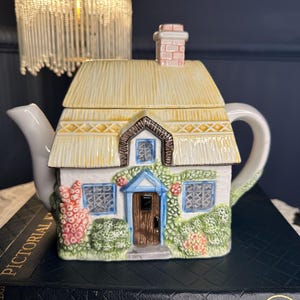 Può includere: Una teiera in ceramica a forma di cottage, con tetto di paglia e camino. La teiera è dipinta con dettagli di finestre, una porta e piante rampicanti. Poggia su una pila di libri blu scuro.