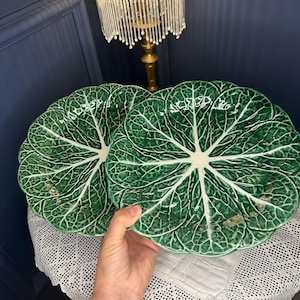 May include: Two round ceramic plates shaped like green cabbage leaves with detailed white veining and a glossy finish. The plates feature scalloped edges that mimic the natural texture of a leaf, with a vibrant green colour and a central white stem.
