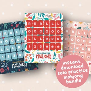 May include: Three colorful Mahjong solo practice cards. The cards feature a grid of tiles with letters and numbers. The cards have floral and botanical designs. A pink circle with text reads "instant download solo practice mahjong bundle."