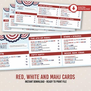Peut inclure: Jeu de cartes de Mahjong rouges, blanches et bleues avec diverses combinaisons de chiffres et instructions de jeu. Les cartes comportent le texte "1776" et "The 4th of Mahj". Inclut une option de téléchargement numérique.
